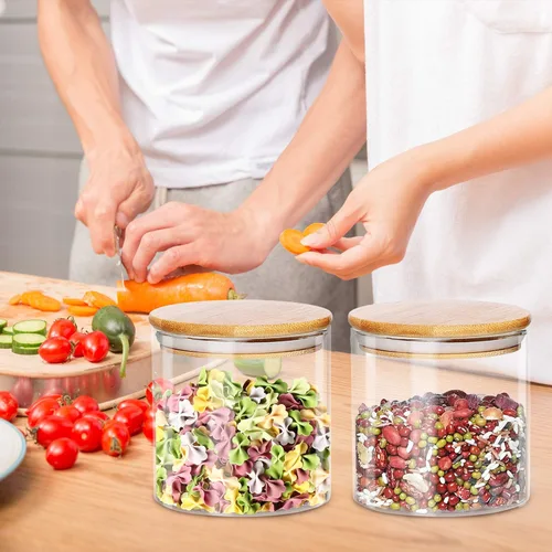Vista 2 de Dabacc Paquete de 4 tarros de vidrio con tapas herméticas de bambú, recipientes de cocina de vidrio transparente para almacenamiento de alimentos