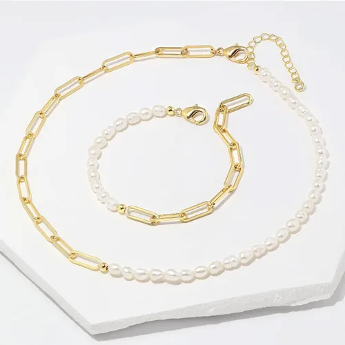Vista 6 de shownii Collar de perlas naturales para mujer, chapado en oro real de 14 quilates, clip de papel de perlas de agua dulce, collar de cadena