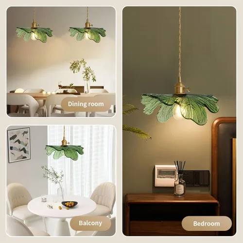 Vista 3 de Lámpara colgante colgante de 1 luz, lámparas colgantes de latón dorado, pantalla de vidrio de flores verdes, iluminación colgante moderna