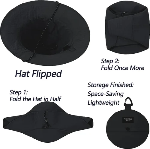 Vista 3 de Sombrero de pesca plegable de secado rápido para mujer, para verano, al aire libre, ligero, para senderismo, con correa de barbilla desmontable Negro