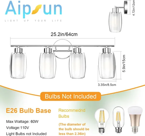 Vista 4 de Aipsun Lámpara de baño con 4 luces, luces cromadas arriba y abajo, modernas luces de bahthroom con vidrio transparente y vidrio esmerilado, luces