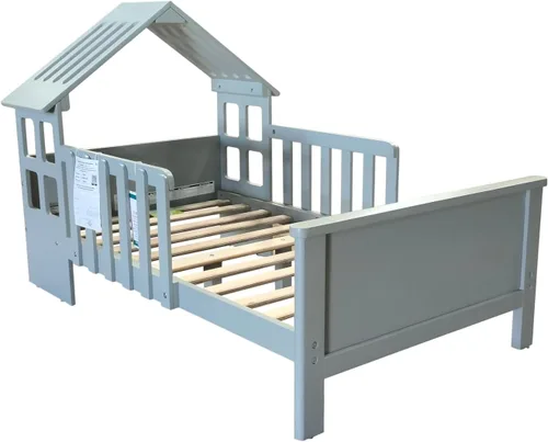 Vista 5 de Little Partners Lil' House - Cama infantil de madera maciza con forma de hogar con rieles y dos protectores de seguridad, se adapta a colchones