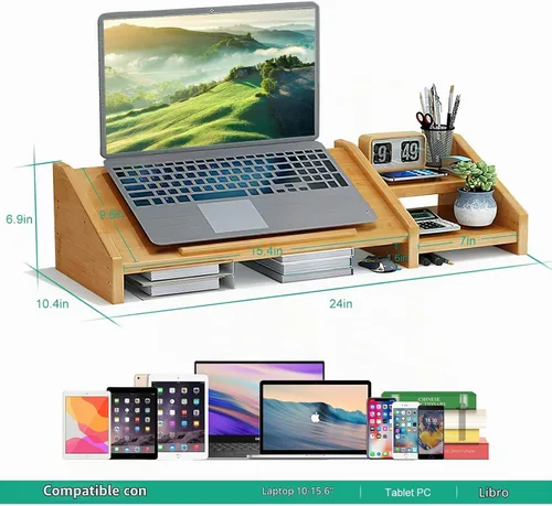 Vista 5 de Ufine Soporte de Bambú para Laptop de Escritorio con 3 Alturas Ajustables, Soporte para Notebook, Elevador de Monitor de Computadora con Estante