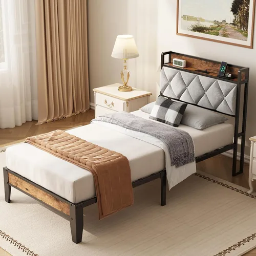 Vista 7 de Sweetcrispy Base de cama individual con cabecera tapizada, cabecera de almacenamiento con estación de carga USB, soporte de listones de metal