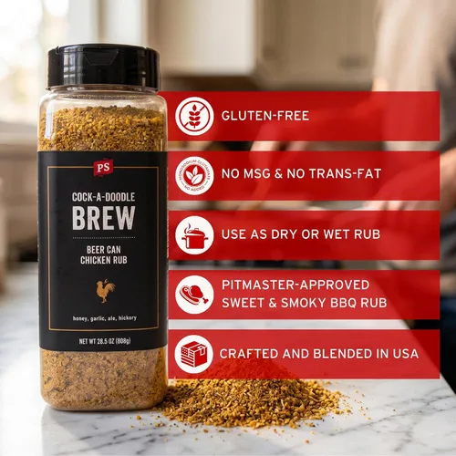 Vista 3 de PS Seasoning Cock-A-Doodle Brew - Condimento y Rub para Pollo en Lata de Cerveza para Ahumado y Asado - Mezcla seca de Ajo, Paprika, Ale de Miel