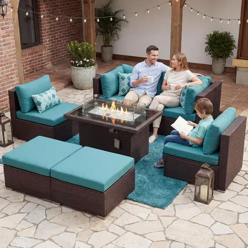 Vista 25 de NICESOUL Juego de muebles de patio de ratán extra grande con mesa para fogata de gas y propano, 29.3 pulgadas, respaldo alto, cómodos conversaciones