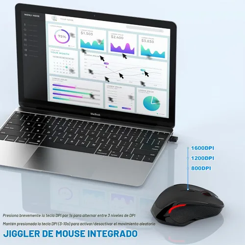 Vista 4 de Ratón inalámbrico Bluetooth para MacBook, laptop, iPad Air/Pro, mouse óptico silencioso recargable con Jiggler, modo dual Bluetooth 5.2/3.0 y 2.4G