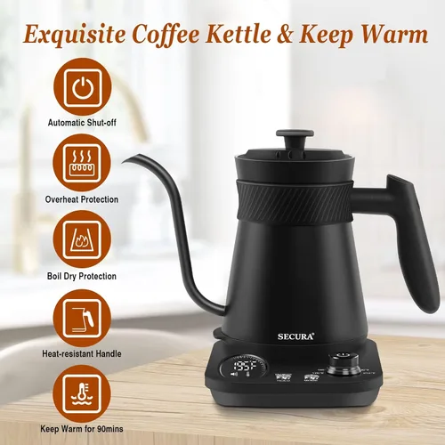 Vista 6 de Secura Hervidor eléctrico de cuello de cisne, 5 ajustes preestablecidos variables para café y té, tetera interior de acero 100% inoxidable con 1.5