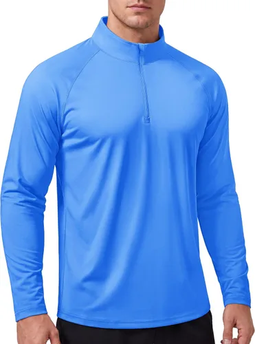 Vista 4 de CRYSULLY Camiseta de manga larga con cremallera de 1/4 para hombre, con protección solar, pullover UPF 50+, rash guard para correr, camiseta ligera