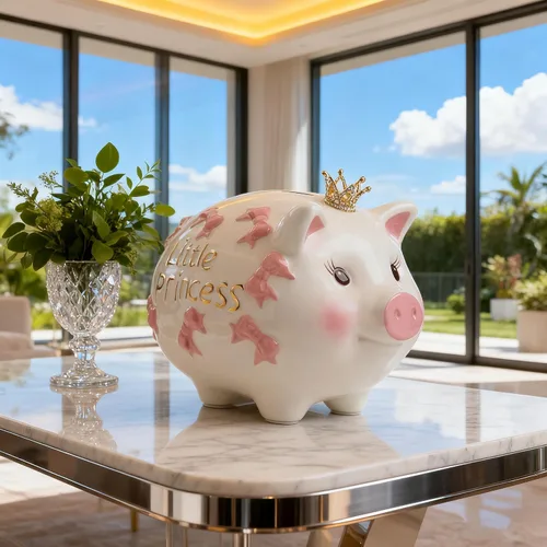 Vista 5 de Alcancía de cerámica, banco de monedas, caja de dinero de princesa corona para niña (rosa, 8.3 pulgadas de largo)