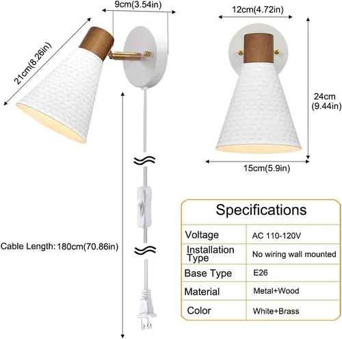 Vista 8 de Juego de 2 apliques de pared blancos enchufables, lámpara de pared moderna con cable de enchufe, aplique de madera con pantalla de metal martillado