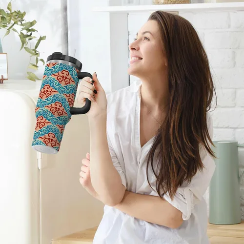 Vista 6 de Botellas de agua reutilizables al vacío con diseño de nube de cultura china, tapa a prueba de fugas y pajita, taza de té decorativa para agua, té