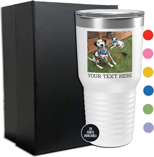 Vista 23 de Vaso personalizado de 30 onzas (17 colores) con foto impresa con aislamiento térmico de acero inoxidable recubierto de polvo con tapa, regalo