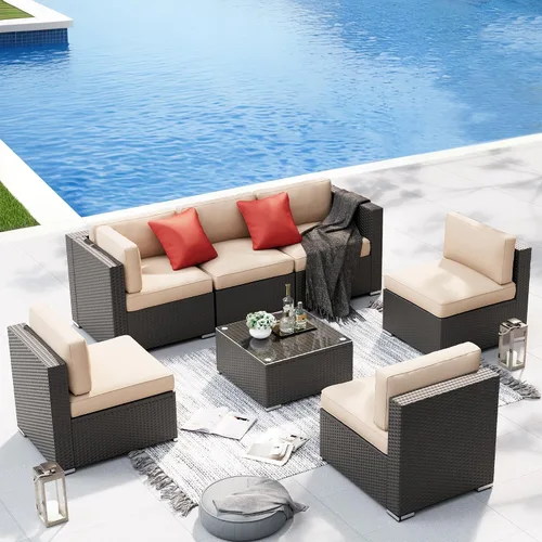 Vista 8 de Betterland Juego de muebles de patio de sofá seccional de 7 piezas, para todo tipo de clima, mimbre de ratán de polietileno con cojín lavable, mesa