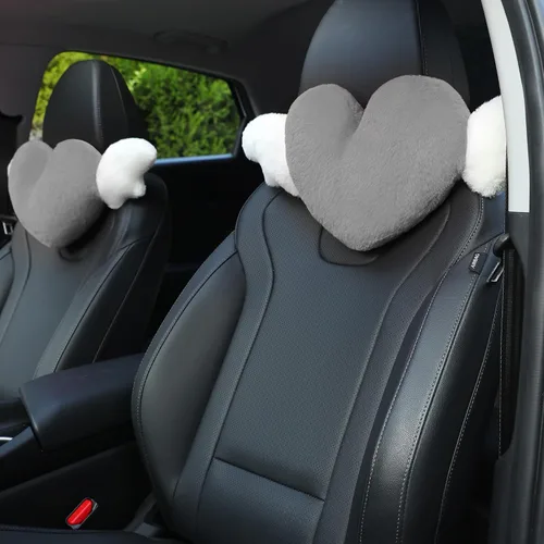 Vista 10 de Paquete de 2 almohadas para reposacabezas de automóvil en forma de corazón con alas de ángel, cómodo cojín suave para reposacabezas kawaii