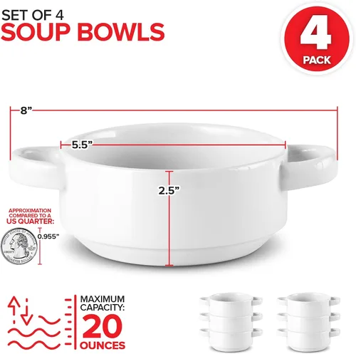 Vista 2 de Modern Innovations Cuencos de sopa de cebolla francesa de 20 onzas con asas en color blanco (juego de 4) aptos para horno y microondas, gres