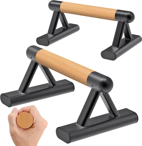 Vista 11 de SELEWARE Wood push up bars Parallettes bars Anti-slip Handstand Bars for Calisthenics, Fitness, Floor workouts Solid Wood with Sturdy Metal Bracket