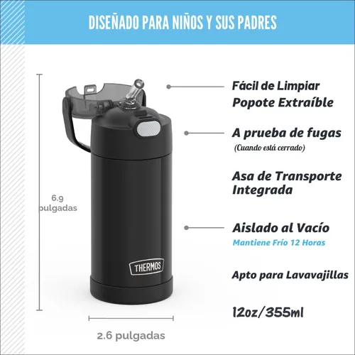 Vista 2 de THERMOS FUNTAINER - Botella de agua con pajilla, 12 onzas, botella de agua de acero inoxidable aislada al vacío para niños con tapa, color negro
