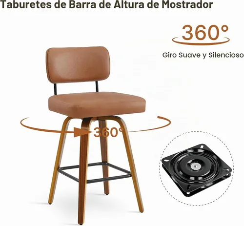 Vista 6 de Juego de 2 taburetes de bar giratorios de 26 pulgadas de altura de Marrón