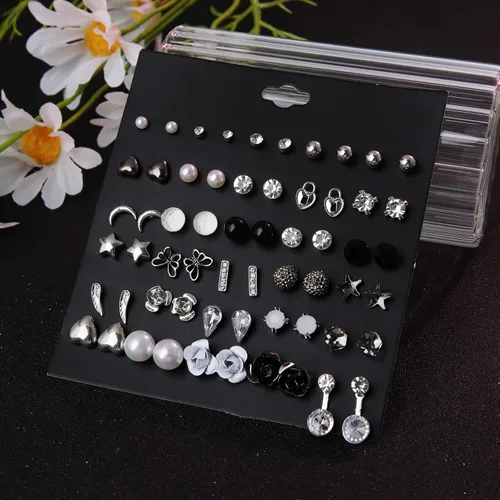 Vista 3 de Juego de 63 pares de aretes tipo dormilona para mujer, hipoalergénicos, variados, con bloqueo de luna, estrellas y perlas de imitación