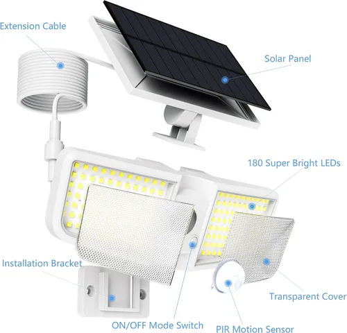 Vista 2 de Reflectores solares para exteriores con sensor de movimiento de 6500 K con control remoto, 180 LED impermeables, luz solar de seguridad al aire