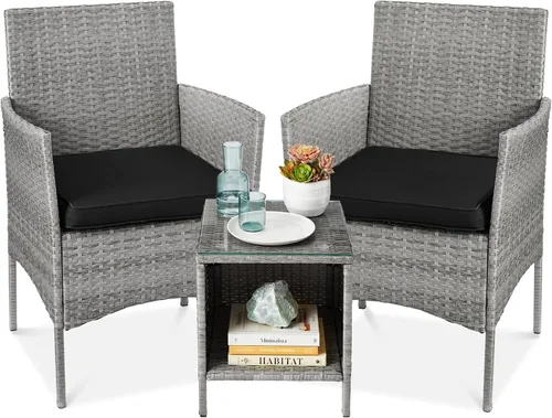 Vista 17 de Best Choice Products Juego de 3 piezas de mimbre para conversación al aire libre, muebles de patio que ahorran espacio para jardín con mesa
