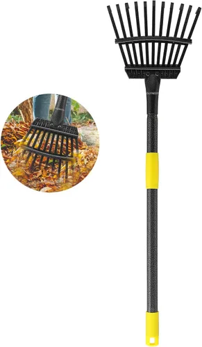 Vista 8 de Oliynedy Rastrillo de jardín de metal ajustable para hojas, mango largo de 30 a 60 pulgadas, 11 dientes de 9 pulgadas de ancho, rastrillo plegable