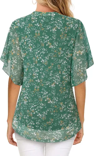Vista 3 de Timeson Blusas de manga corta con cuello en V para mujer, camisas florales de doble capa de malla