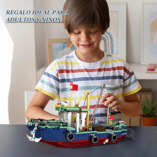 Vista 6 de Juego de bloques de construcción de barcos de pesca, juego de bloques de construcción de pesca en el mar, juego de juguetes de colección