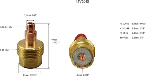 Vista 2 de RIVERWELD TIG - Cuerpos de pinza de lente de gas Jumbo de gran diámetro 45V204S, 0.040 pulgadas y 0.039 in Orificio para SR WP 9 20 25 TIG, paquete