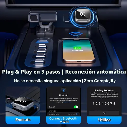 Vista 7 de Adaptador inalámbrico CarPlay actualizado 2025 para iPhone Ultra-Mini Metal, convertido con cable a inalámbrico, conexión estable rápida Bluetooth