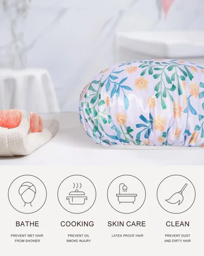 Vista 6 de Gorro de ducha reutilizable con forro de rizo, gorro de ducha grande para mujer, gorro de ducha impermeable de triple capa para cabello largo