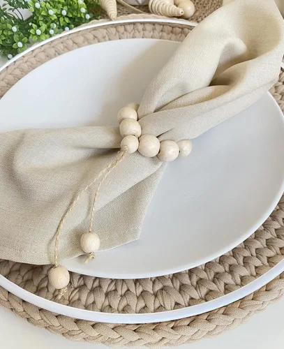 Vista 5 de Servilletero hecho a mano con cuentas de madera y cordel de yute, soporte para servilleteros de madera rústica asequible para decoración de mesa