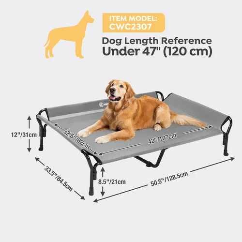 Vista 3 de Veehoo Cama elevada refrescante para perros, cuna elevada XL para mascotas con barandilla y reposacabezas inclinado, malla Teslin transpirable Gris