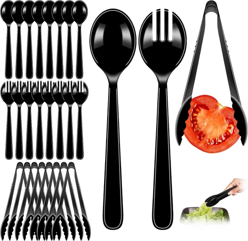 Vista 8 de Juego de 24 utensilios de plástico beige para servir, cucharas, tenedores y pinzas desechables resistentes (8 de cada uno), suministros de catering