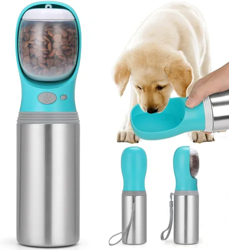 Vista 10 de Botella de agua portátil para perros, 14 onzas, dispensador de agua de acero inoxidable a prueba de fugas para cachorros con alimentador