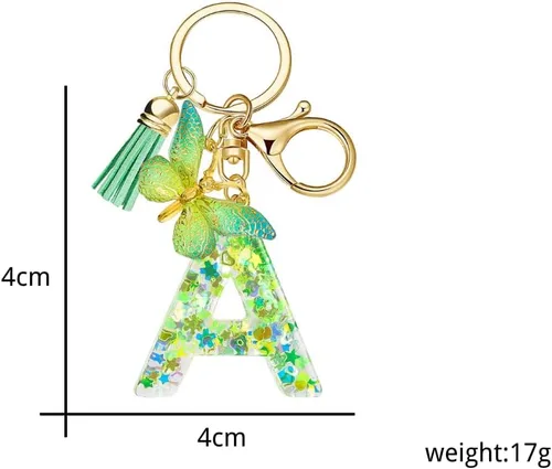Vista 2 de Fuqimanman2020 Llavero de letra A-Z con borla de resina verde, letra inicial del alfabeto con accesorios para colgante de mariposa