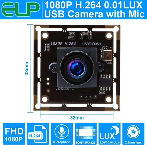 Vista 2 de ELP Cámara USB de poca luz 2MP 1080P Sony IMX323 Sensor USB Módulo de cámara USB con micrófono, lente gran angular de 0.000 in, placa de cámara web