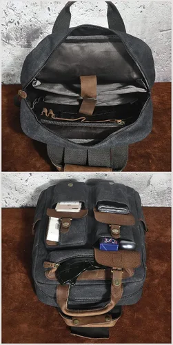 Vista 7 de Le'aokuu Lona y cuero genuino impermeable unisex adulto mochila diaria mochila casual bolsa de viaje, Negro