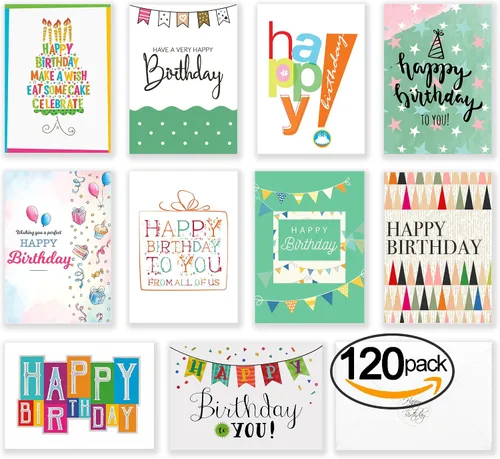 Vista 7 de 120 tarjetas de feliz cumpleaños para oficina, negocios y uso personal con mensaje genérico corto en el interior, notas de felicitación surtidas a