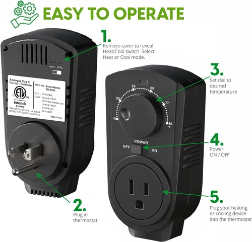 Vista 3 de EconoHome - Termostato ajustable universal con enchufe para calefacción y refrigeración - Compatible con la mayoría de los calentadores de pared