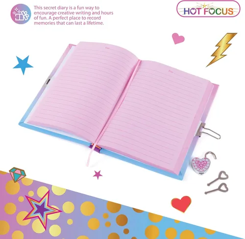 Vista 4 de Hot Focus Diario secreto de unicornio con candado, cuaderno de 7 pulgadas con 300 páginas forradas de doble cara, candado y dos llaves para niños