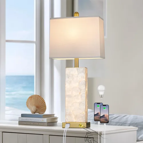 Vista 13 de Lámparas de mesa costeras de 28 pulgadas para sala de estar, lámparas de noche con luz nocturna, puertos USB A+C, moderna concha de mar