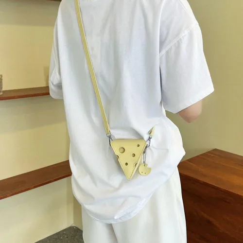 Vista 6 de Bolsas creativas con forma de queso, lindo triángulo con forma de queso, lápiz labial, bolso de hombro, bolso de PU, bolso pequeño para mujer