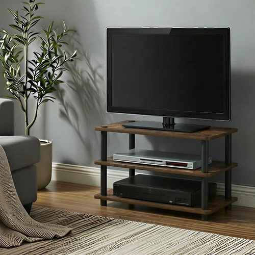 Vista 2 de Furinno Turn-N-Tube Soporte de TV, centro de entretenimiento de esquina de 3 niveles con estantes abiertos, consola de TV sin herramientas para TV