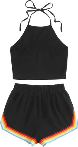 Vista 2 de SweatyRocks Conjunto de 2 piezas para mujer con top corto halter y pantalones cortos