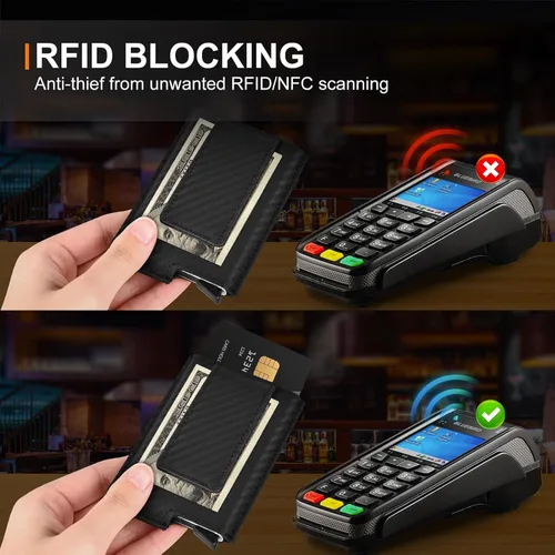 Vista 4 de Dinghao Cartera delgada con clip magnético de aluminio para bloquear RFID, estuche automático emergente para tarjetas, Negro fibra de carbono