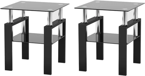 Vista 8 de Juego de 3 mesas de centro de cristal, mesas de sala de estar de 3 piezas con vidrio templado y marco de metal, juegos de mesa auxiliar y mesa Negro