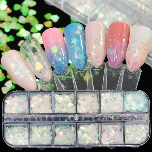 Vista 2 de 24 rejillas de lentejuelas holográficas para uñas y 1 pinza Adhesivo iridiscente con purpurina de copos de sirena ultra finos y coloridos