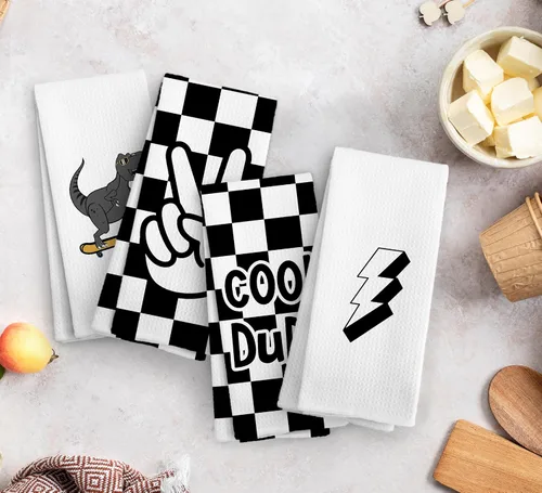 Vista 6 de Juego de 4 toallas de mano a cuadros modernos para niños, decoración de baño para niños, regalos de Dinasours, paños de cocina para cocina, paño